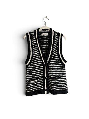 LOFT Black & White Knit Button-Down Sweater Vest Medium M Sleeveless Cardigan